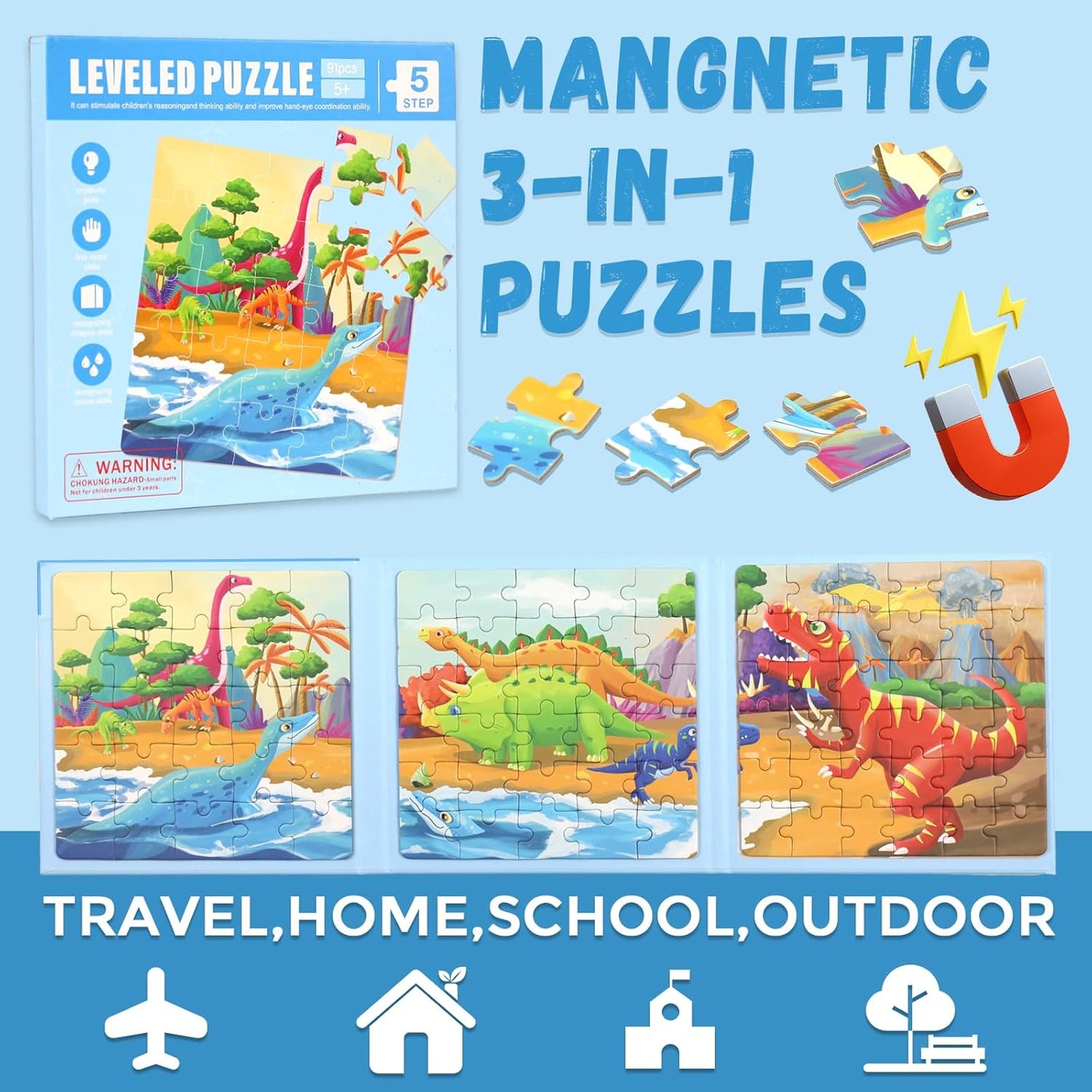 Magnetic Puzzles for Kids Ages 4-8, 3 in 1 Dinosaurs Magnet Jigsaw Puzzle Book, Toddlers Travel Puzzles Toys, Preschool Learning Toy for Kids 3-8 Year (Dinosaurs)