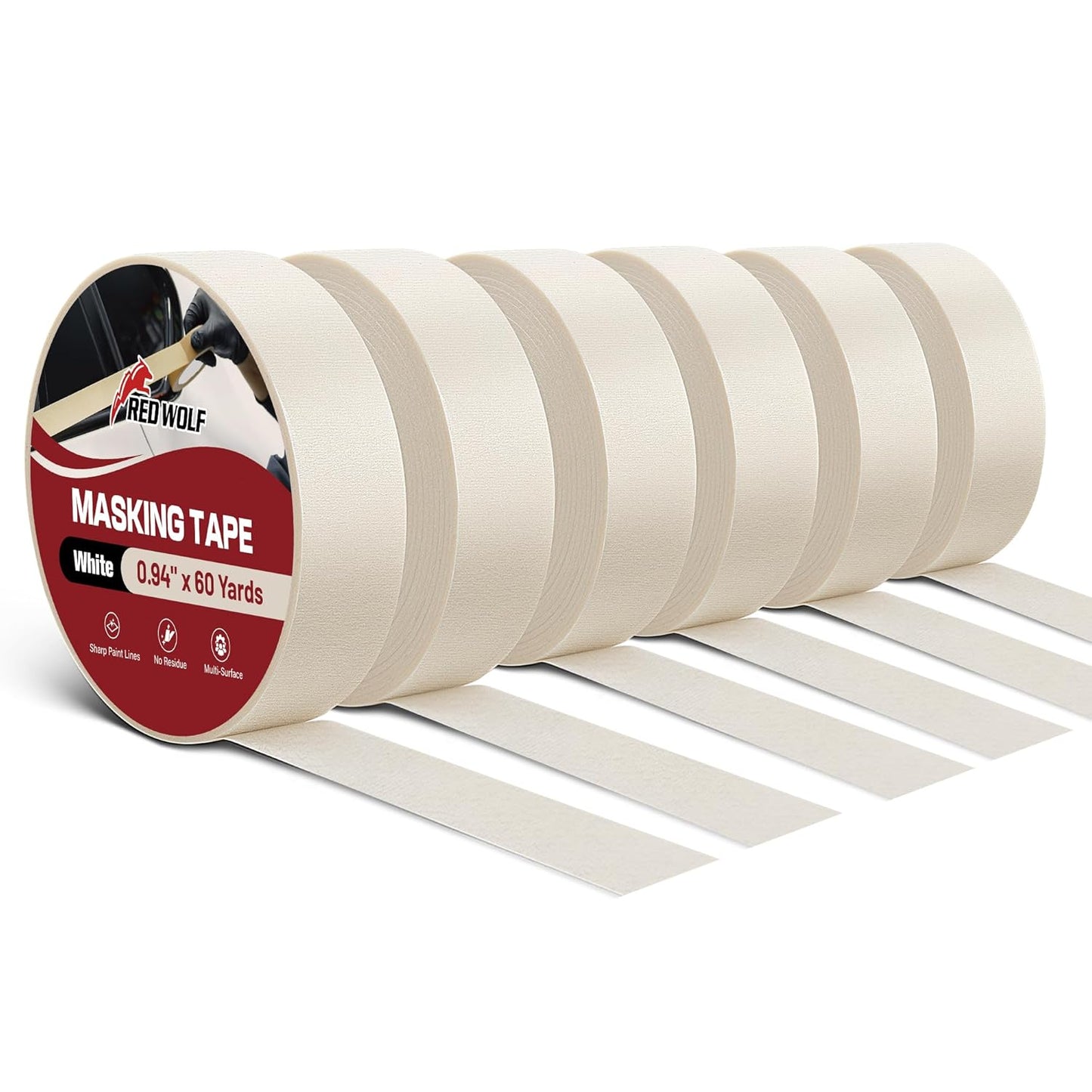 RED WOLF 0.94" x 60 Yards Masking Tape 6 Pack, General Purpose for Painting Arts Crafts Label Car Painting, Sharp Paint Line No Residue Painters Tape White Beige Crepe Paper Tape Heat Resistance