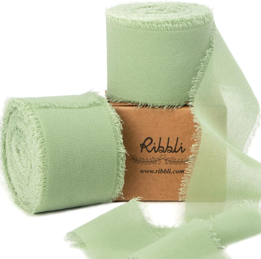 Ribbli Sage Green Chiffon Ribbon - 1-1/2 inch x 20 Yard, Handmade Fringe Chiffon Ribbon for Gift Wrapping, Wedding Invitations, Bridal Bouquets, Flower Arrangement Decoration
