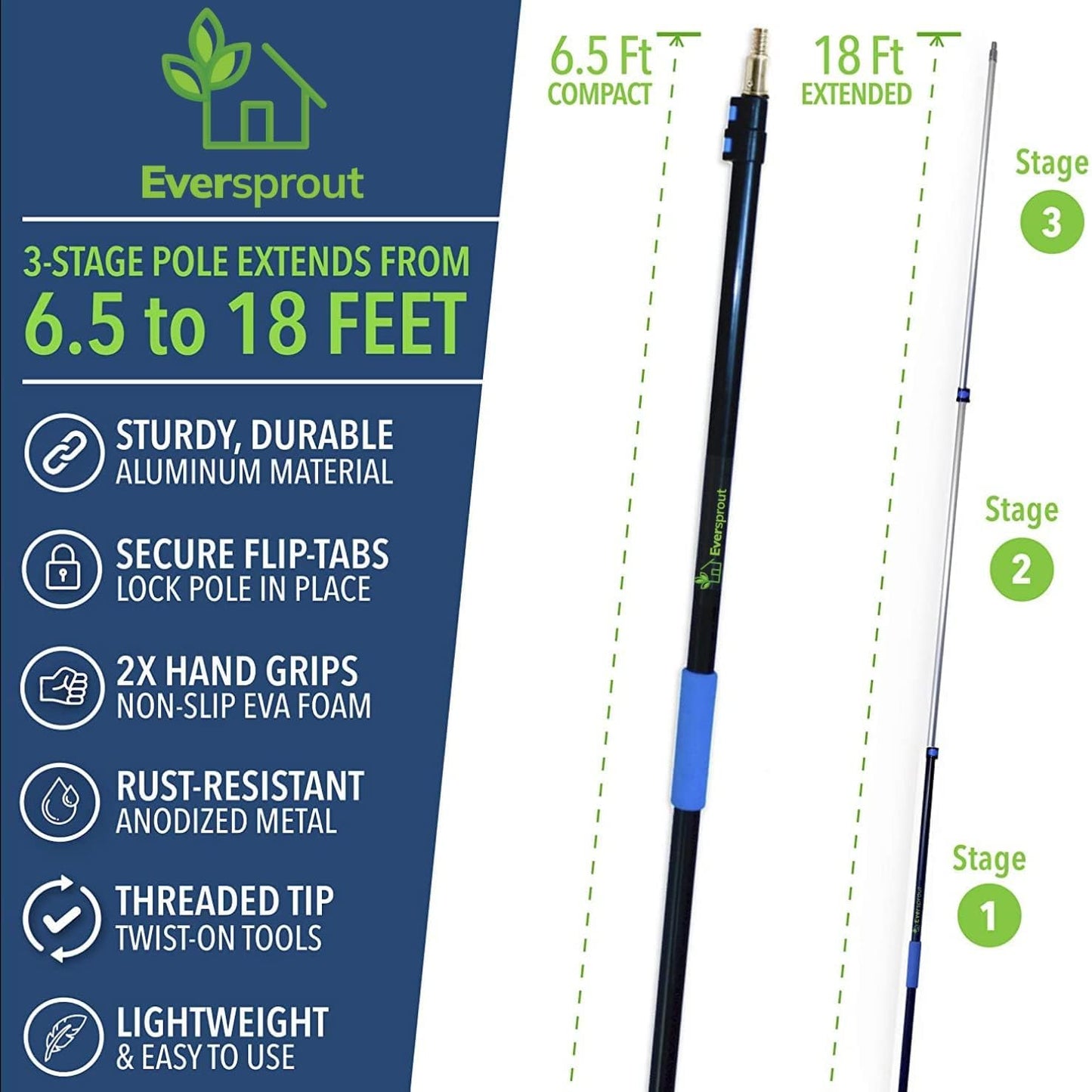 EVERSPROUT 6.5-to-18 Foot Telescopic Extension Pole (25 Ft Reach) | Lightweight Sturdy Aluminum | Easy Flip-Tab Lock Mechanism | Twist-On Metal Tip works for Squeegee, Duster, Paint Roller (pole only)