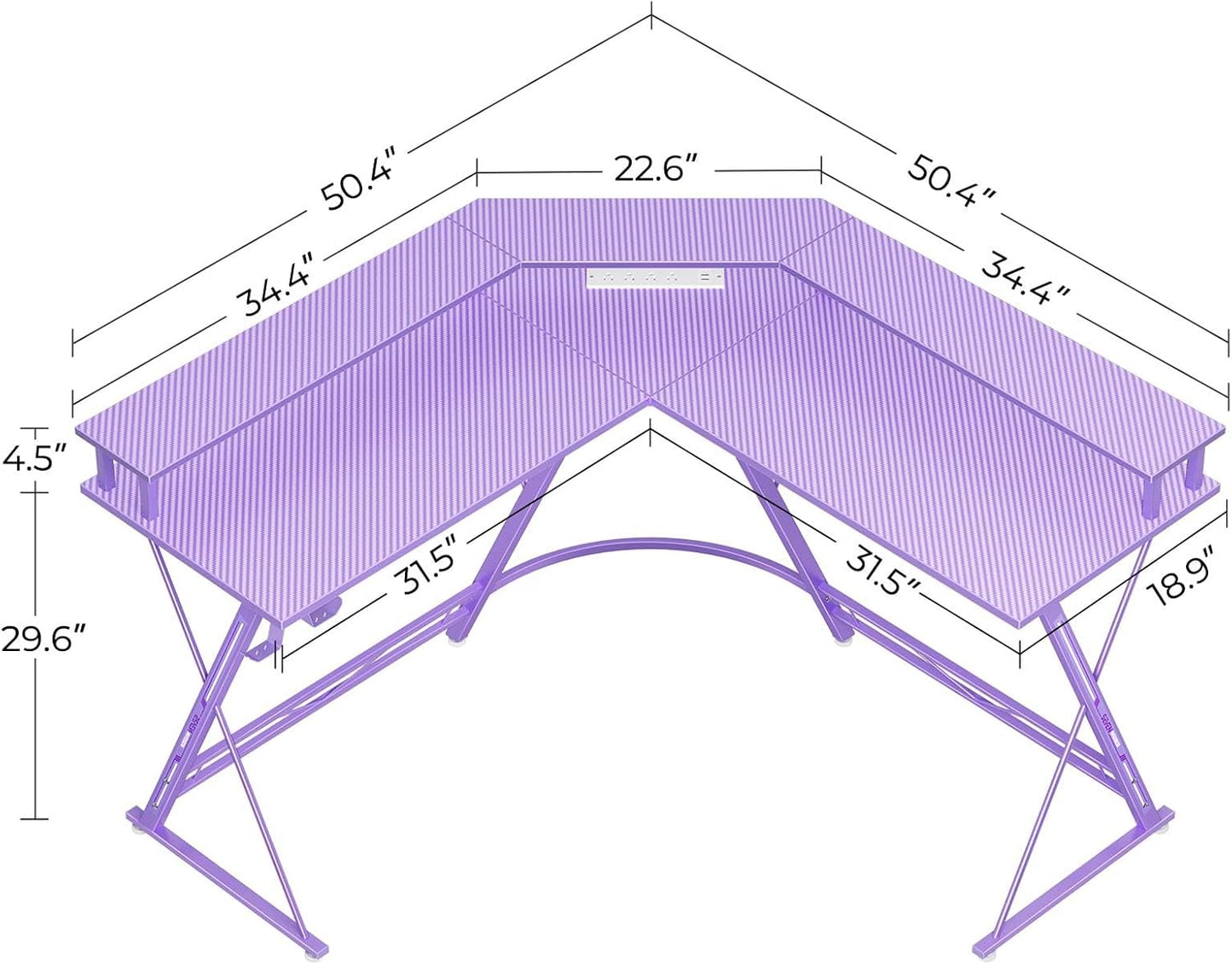 SEVEN WARRIOR Gaming Desk 50.4” with LED Light & Power Outlets, L-Shaped Gaming Desk Carbon Fiber Surface with Monitor Stand, Ergonomic Gamer Table with Headphone Hook, Purple