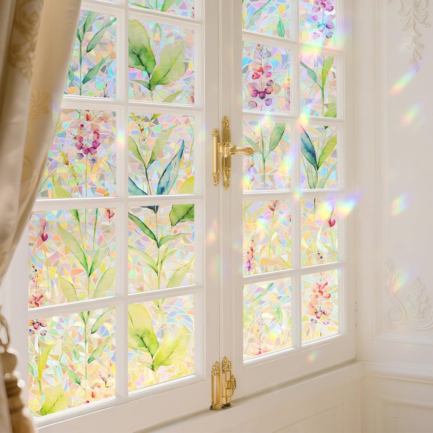 Donox Decorative Window Privacy Film, 3D Floral Stained Glass Window Film Static Cling Rainbow Privacy Sticker for Glass Door Heat Control Anti UV, No Adhesive (Gladiolus,17.5 x 157.4 inches)