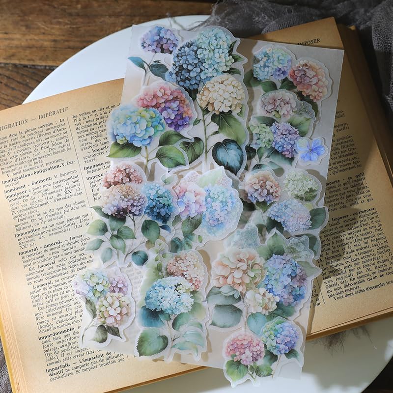 Vintage Vellum Stickers Floral Plants Elements Scrapbooking Supplies Flowers Botanic Natural Translucent Paper Self-Adhesive Junk-Journal Items (Hydrangea Macrophylla)