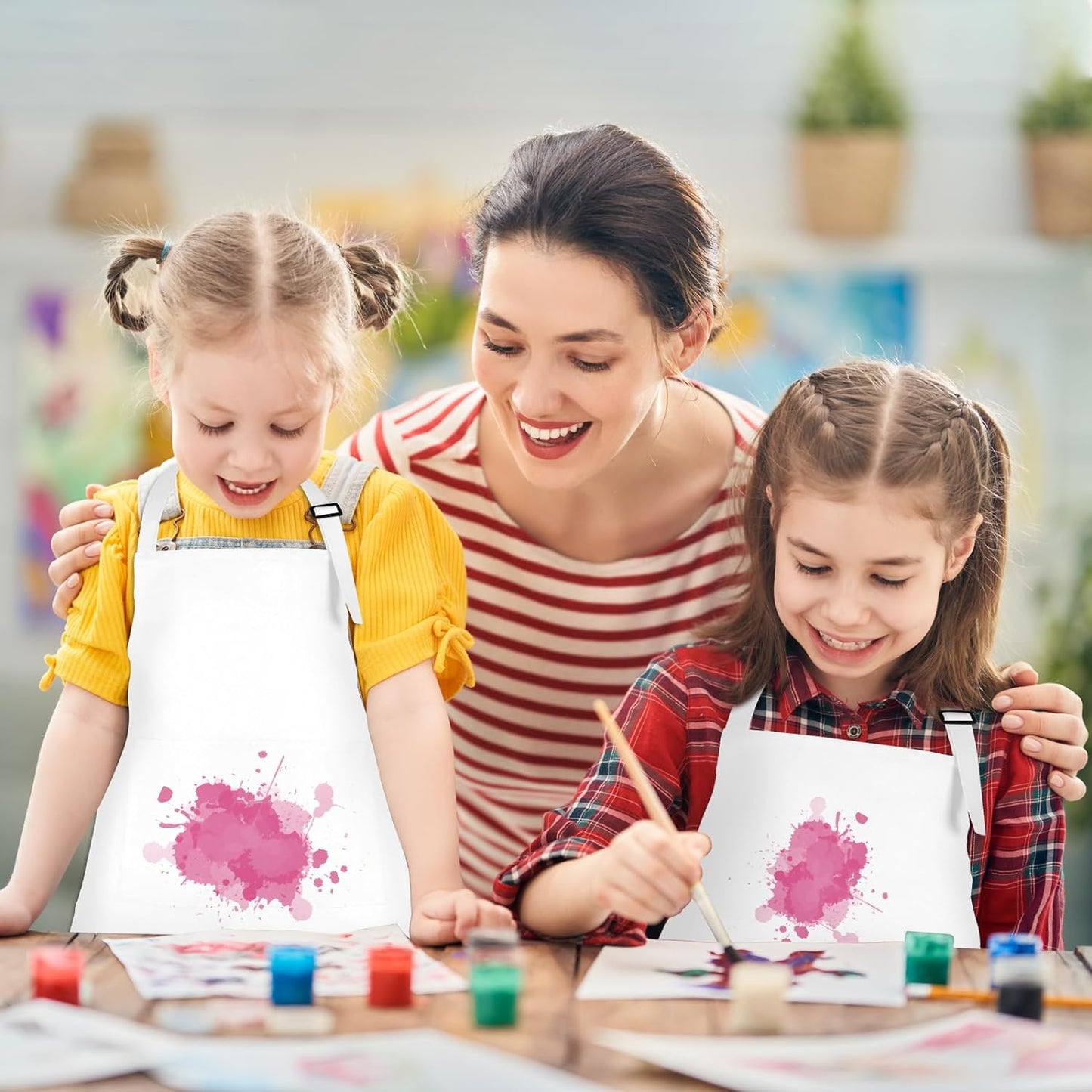 12 Pack Kids Apron bulk with 2 Pockets Adjustable Chef Art Apron Kids Painting Aprons for Cooking Baking Painting Crafting Grilling Activity（White）
