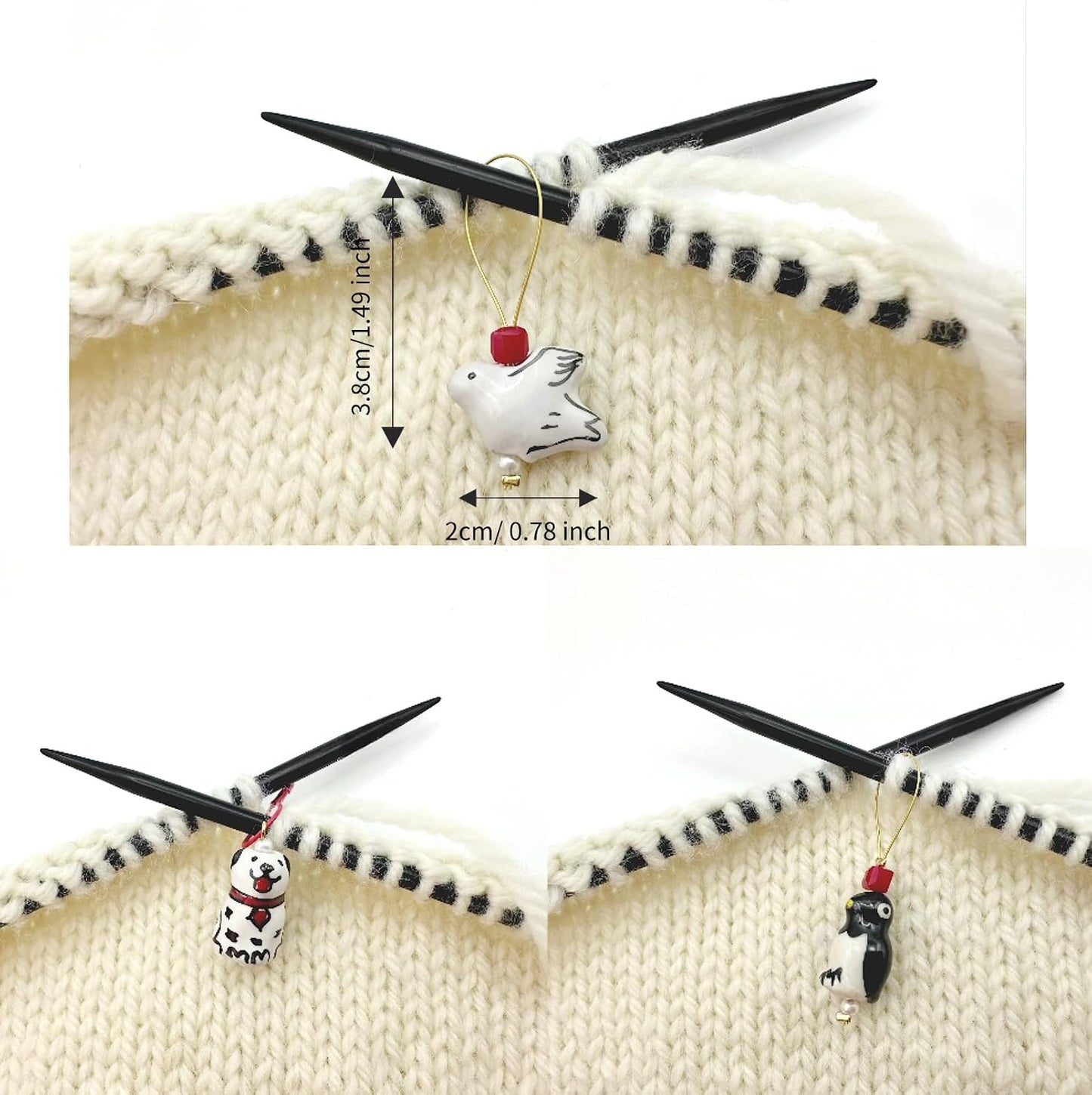 Wander wolly Handmade Animal Stitch Markers for Knitting, Three Pieces in Storage Case, One Dove, One Penguin, and One Dalmatian