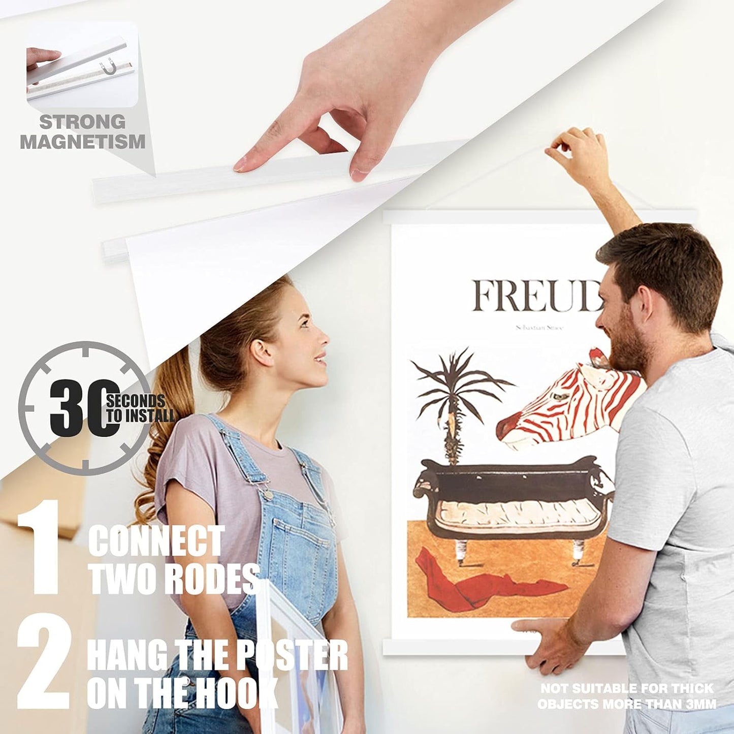 Ywlake Magnetic Poster Hanger, 23x34 23x33 23x35 Poster Frame Wood Wooden Magnet Print Posters Dowel Scroll Hanger Hangers Hanging Kit for Walls Map Canvas Artwork (White, 23")