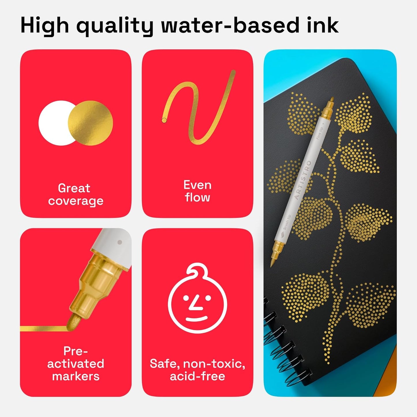 ARTISTRO 5 Gold Dual Tip Brush + Fine Acrylic Paint Markers - Easy for All Ages & Levels Paint Pens for Fabric, Rock, Glass, DIY - Halloween Pumpkin Painting Kit, Art Supplies, Christmas Gift