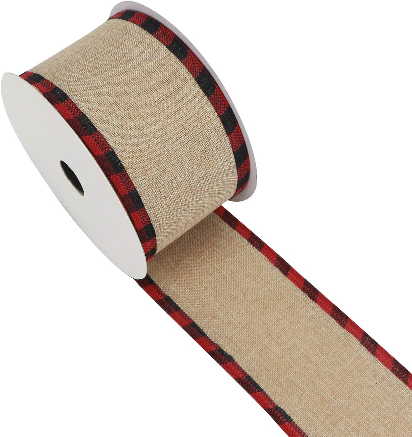 MEEDEE Burlap Christmas Ribbon Wired Burlap Ribbon 2.5 Inch 10 Yards Fall Burlap Ribbon with Red and Black Buffalo Check Edging Wired Plaid Burlap Ribbon for Christmas Tree, Wreath Making