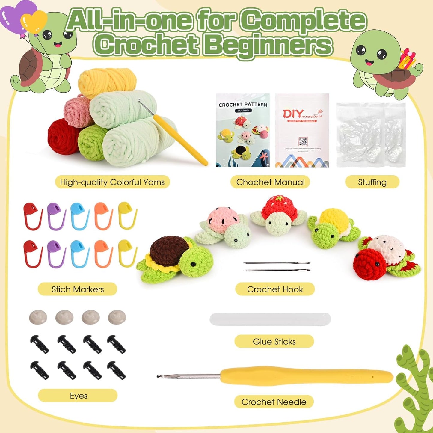 DetFinns Crochet Kit for Beginners, Crochet Starter Kits with Step-by-Step Video Tutorials, DIY Craft Kits Knitting Supplies for Kids, Adults, Beginners, 5 Packs Turtle Party (40%+ Yarn)