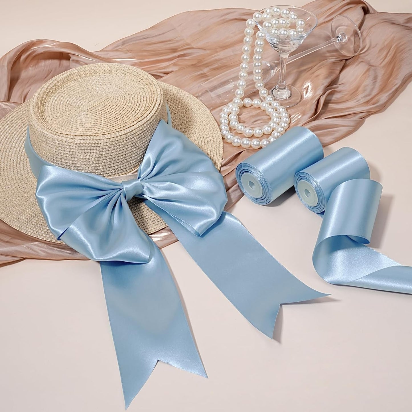 LaRibbons Light Blue Satin Ribbon 4 Inch 10 Yards Double Faced Luxury Baby Blue Silk Ribbon for Gift Wrapping Flower Bouquets Bow Christmas Wedding Party Decoration