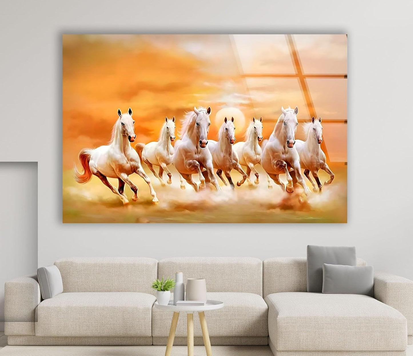 My Photostation.com 35.5Wx30H'' White Horses Running on Sunset Glass Wall ArtTempered Glass Printing Wall Decor Large Wall Art Wall Hangings