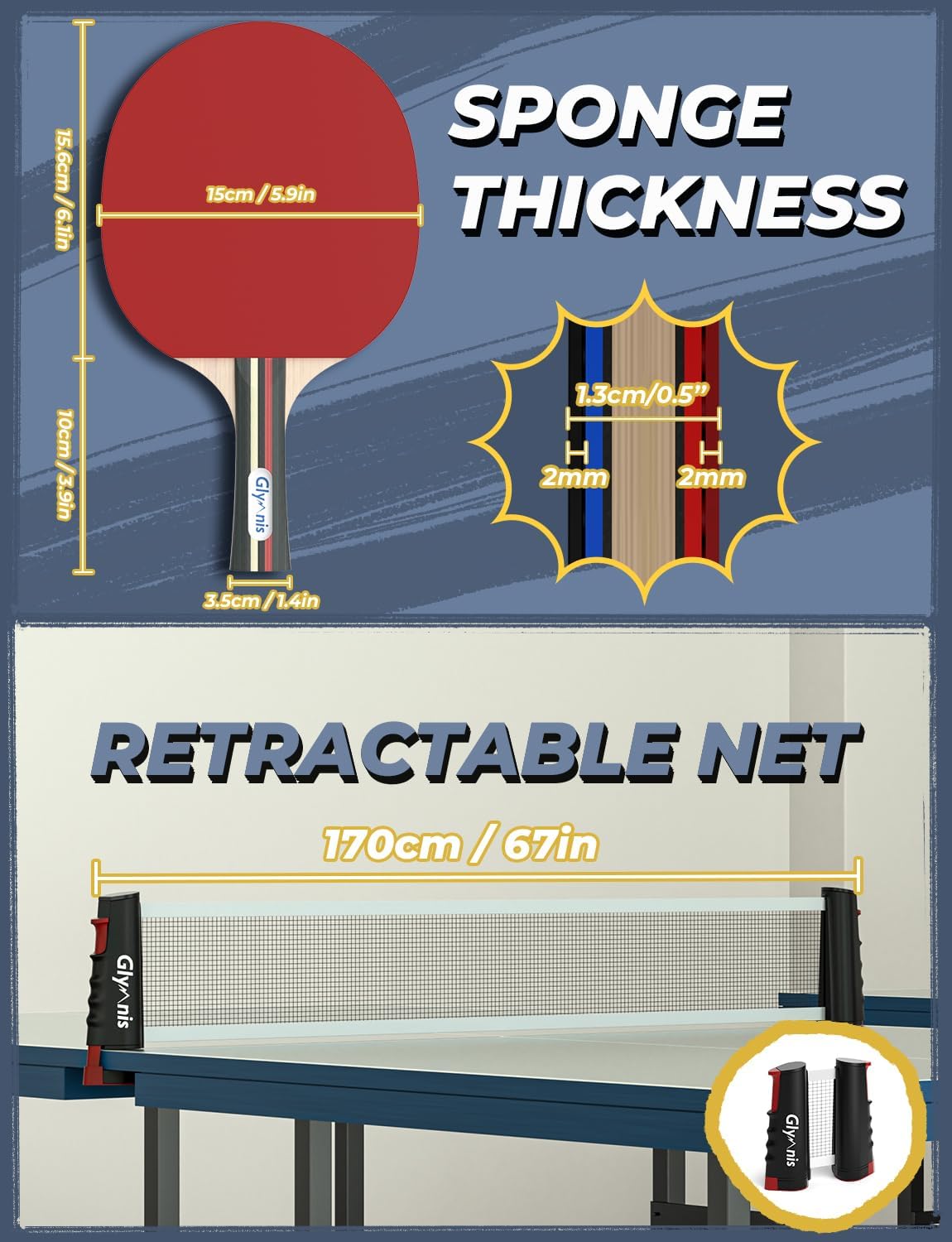 Glymnis Ping Pong Paddles Set Table Tennis Rackets with Balls, Storage Case for Indoor Outdoor Table Tennis Paddle Game Accessories