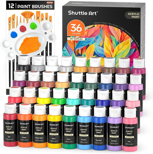 Shuttle Art Acrylic Paint Set, 36 Colors Acrylic Paint with Brushes & Palette, 2oz/60ml Bottles, Rich Pigments Non-toxic for Artists Kids & Adults, Painting on Canvas Rock Ceramic Wood