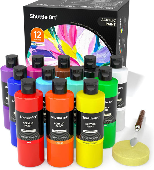 Shuttle Art 12 Colors Acrylic Paint, 250ml/8.45oz Bottles Acrylic Paint Set, Rich Pigments, Bulk Painting Supplies for Artists, Beginners and Kids Painting on Rocks Crafts Canvas Wood