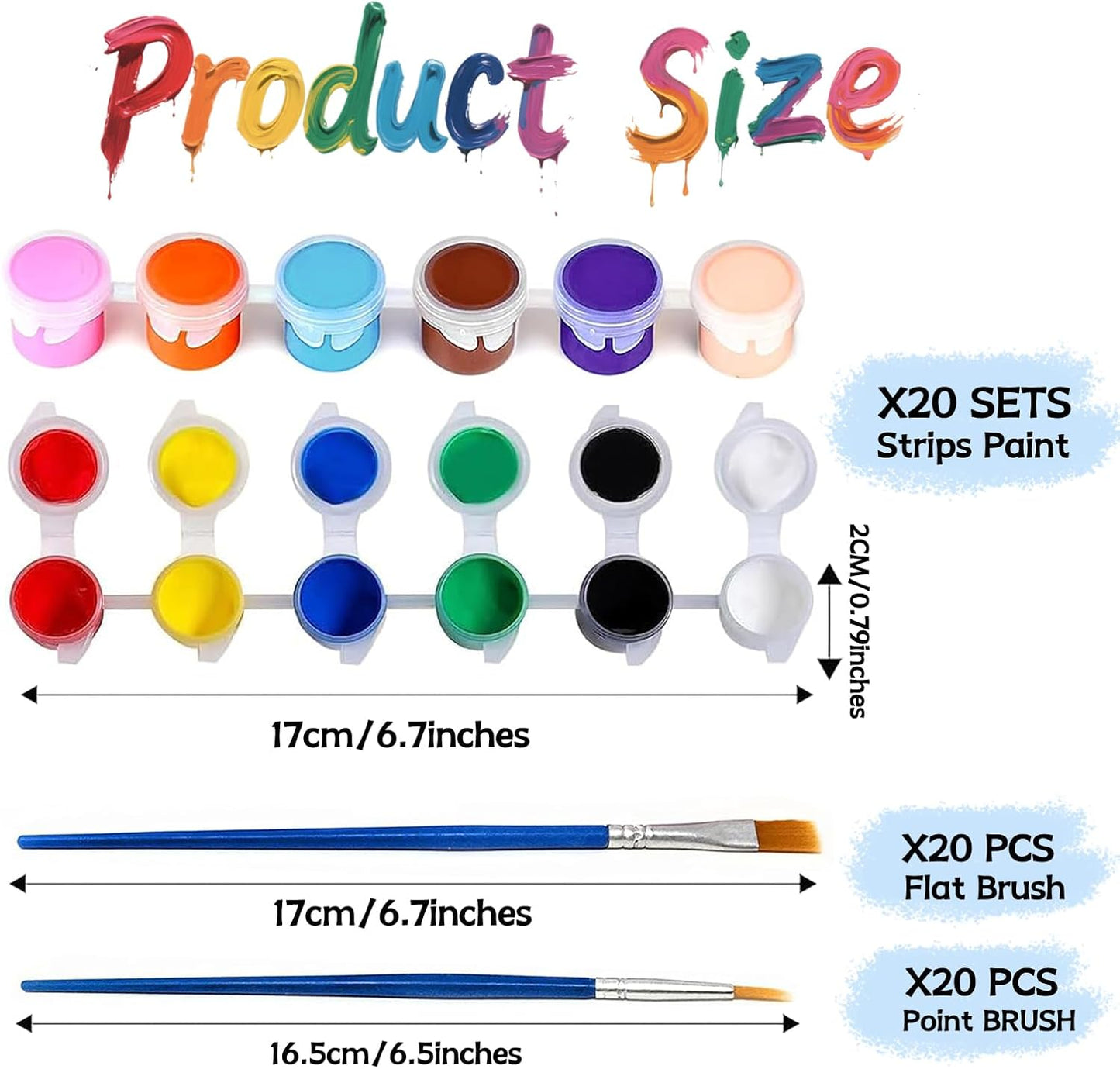 20 Pack Mini Acrylic Paint Set, 12 Colors Washable Paint Strips for Kids & Adults - Includes 40 Brushes (20 Flat + 20 Pointed), 280 PCS kids Paint Kits for Easter Eggs, Birthday, Classroom Party