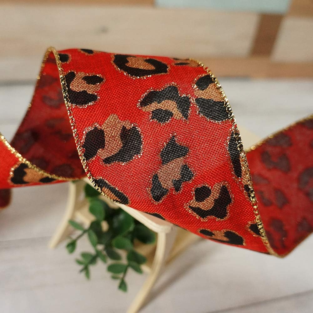 CT CRAFT LLC Burlap Leopard Fabric Wired Ribbon 2.5" x 10 Yards Red with Black and Gold Color for Christmas Home Wedding Decor Gift Wrapping Tree Topper Bow Wreath Bouquet DIY Crafts
