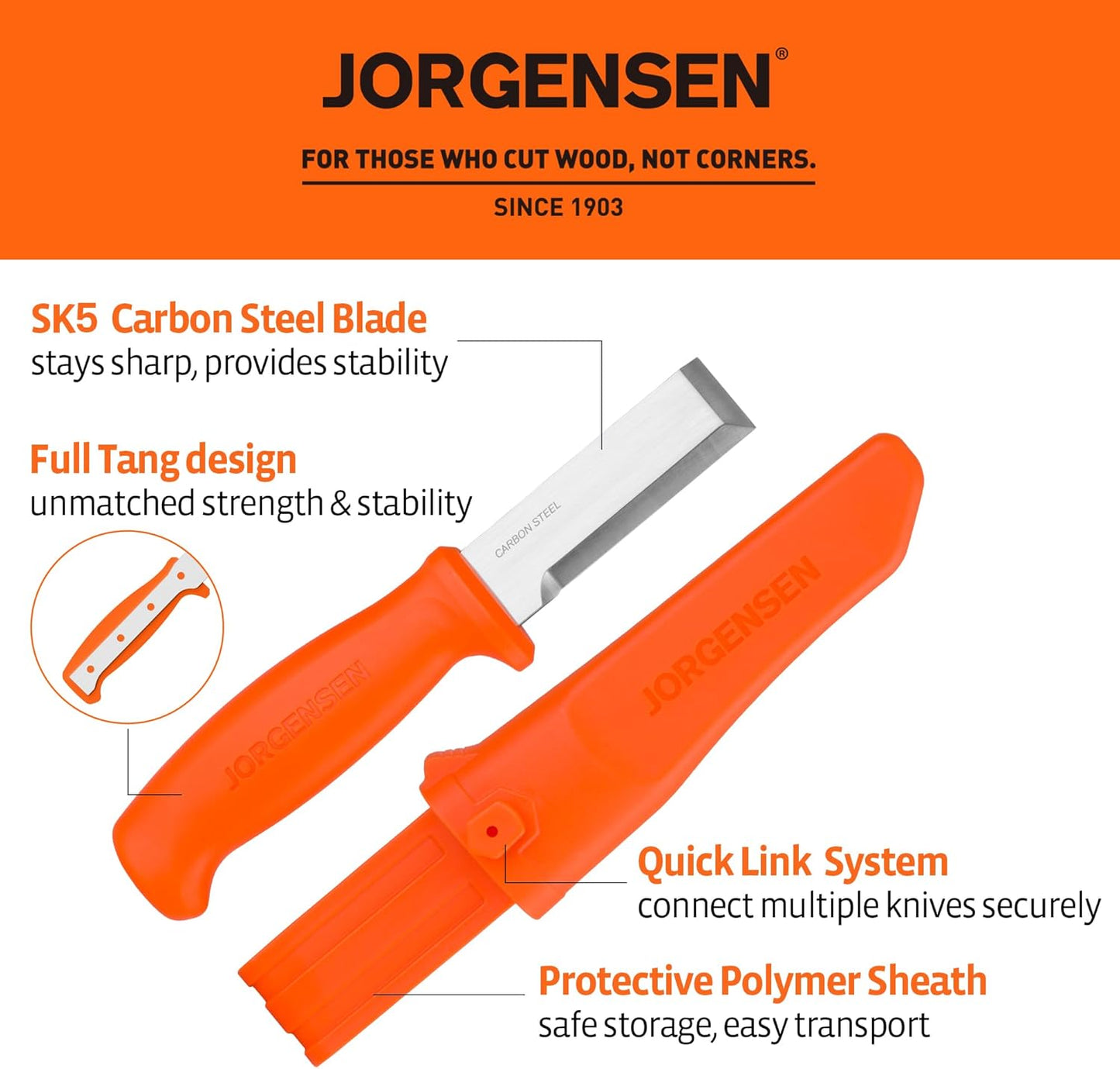 Jorgensen Wood Chisel Knife with Sheath, Wood Chisel for Woodworking with Ergonomic Handle, SK5 Carbon Steel Blade, Full Tang Design, for Carving, Whittling, Splitting