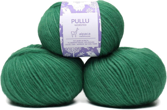 Pullu - Baby Alpaca Merino Wool Yarn Set of 3 Skeins (150 Grams) Worsted Weight - Sourced Directly from Peru - Heavenly Soft and Perfect for Knitting and Crocheting (Christmas Green)