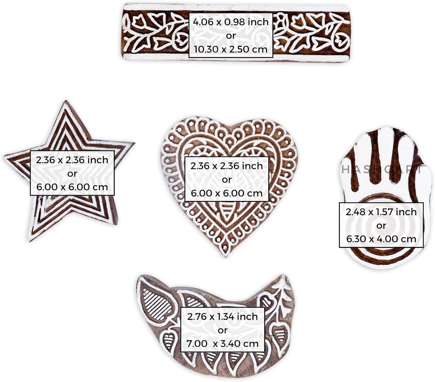 Wooden Block Stamp Hand Carved Printing Stamp for Fabric Printing - Wooden Printing Block for Scrapbooking Pottery Kids Project, to Decorate Card | Set of 5 | HASHCART®