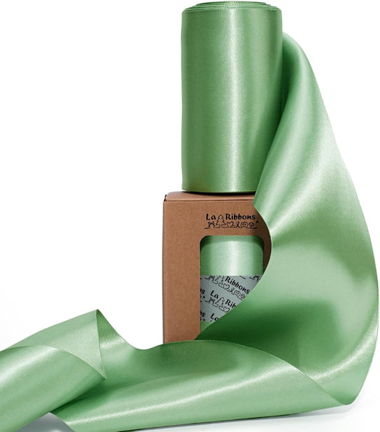LaRibbons Sage Green Satin Ribbon 4 Inch 10 Yards Double Faced Luxury Light Green Silk Ribbon for Gift Wrapping Flower Bouquets Bow Christmas Wedding Party Decoration