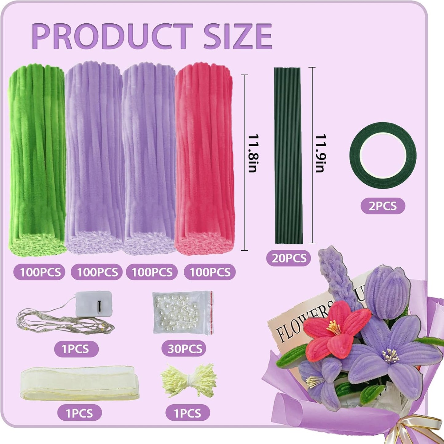 LOLEDE 400Pcs Pipe Cleaners Craft Kit, 3 Colors Chenille Stems for DIY Artificial Flower Making with Floral Wires, Gardening Tape, LED String Lights, Pearl Beads & Ribbon (Purple)