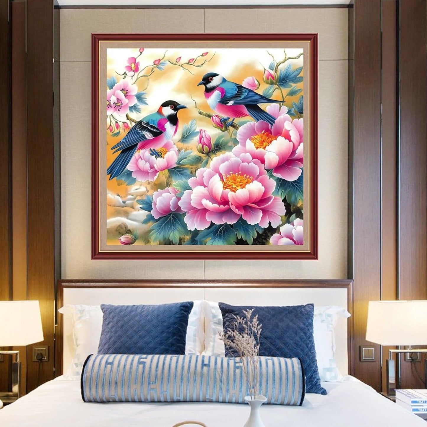 DMCXART Counted Cross Stitch Kits for Adults Needlepoint Kits Unprinted Cross Stitching Embroidery Kit 11CT Cross Stitch Supplies-Couple Bird Flowers 18x18 inch