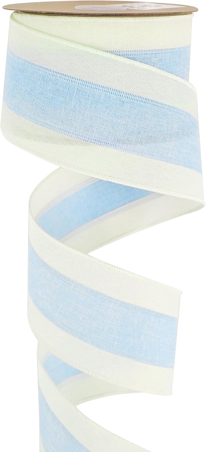 MEEDEE Blue and White Stripe Ribbon Wired Ribbon 2.5 Inch Light Blue Burlap Ribbon with Ivory Stripe Edge Wreath Supplies, Baby Shower Decorations, Crafts Bow Making (10 Yards)