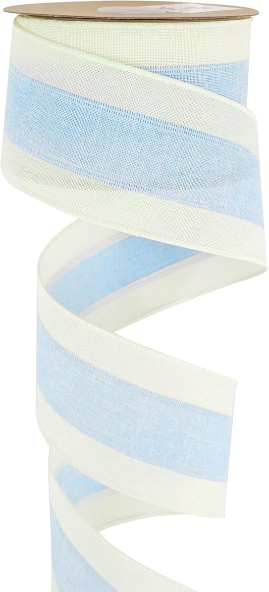 MEEDEE Blue and White Stripe Ribbon Wired Ribbon 2.5 Inch Light Blue Burlap Ribbon with Ivory Stripe Edge Wreath Supplies, Baby Shower Decorations, Crafts Bow Making (10 Yards)