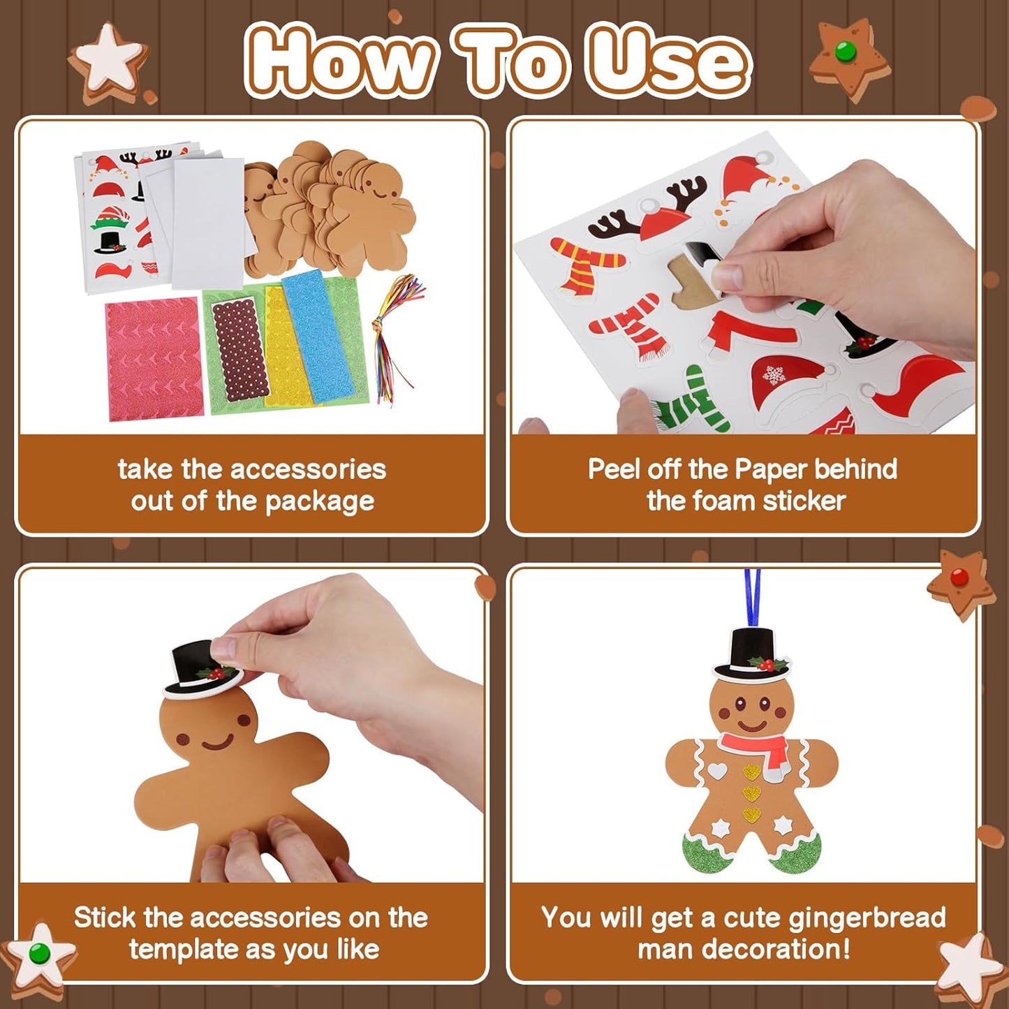 Fennoral 24 Pack Gingerbread Man Craft for Kids Make You Own Gingerbread Man Foam Stickers Ornament DIY Arts and Crafts for Kids Girls Boys Chirstmas Party Supplies Christmas Tree Decoration