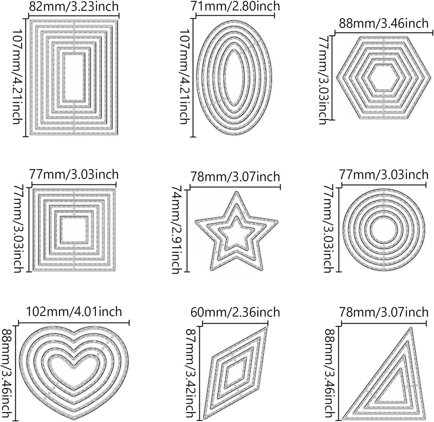 9PCS Metal Cutting Dies Different Shapes Dies Cuts for Scrapbooking Heart Dies for Card Making Rhombus Star Triangle Embossing Template for Handmade DIY Paper Cards Album Decoration