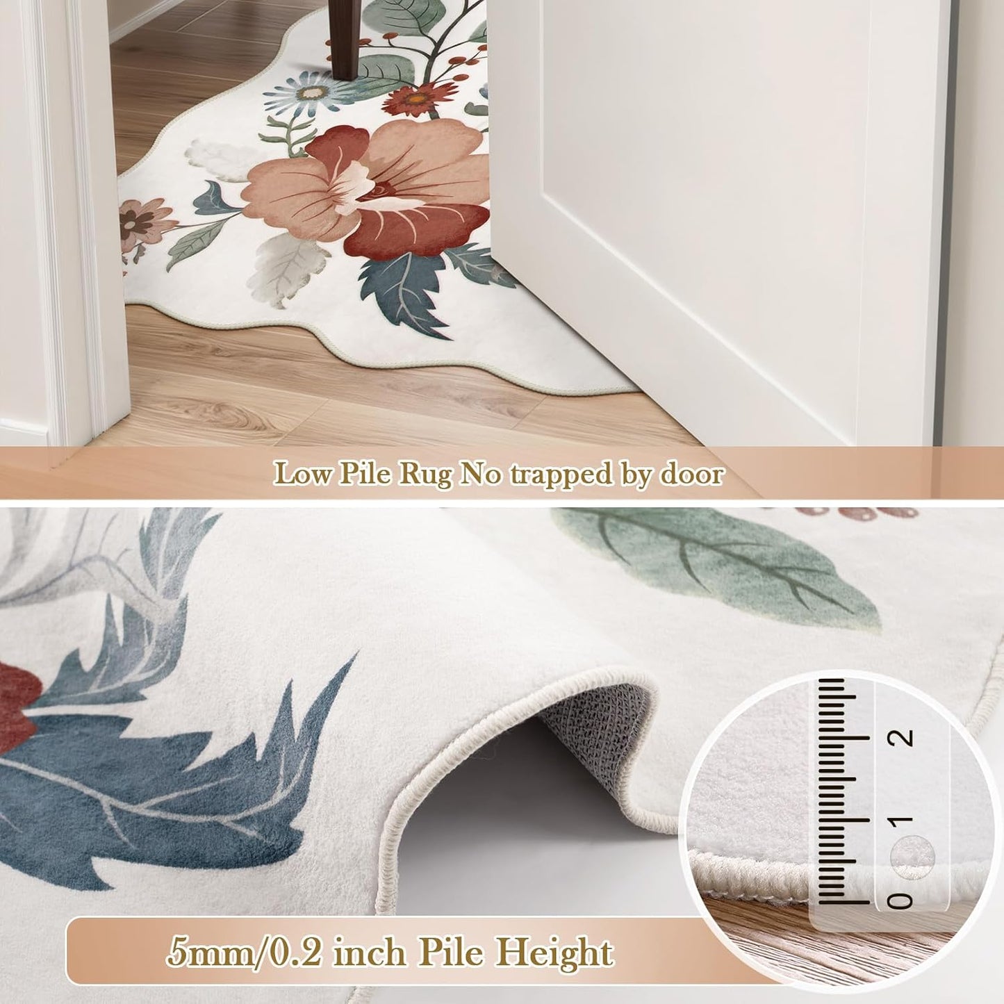 Beeiva 5 x 7 Area Rugs - Scalloped Floral Printed Beige Playroom Rug for Dorm Non Slip Washable Neutral Area Rug Soft Ultra-Thin Aesthetic Throw Carpet for Kids Room Nursery Living Room(Beige,5x7ft)