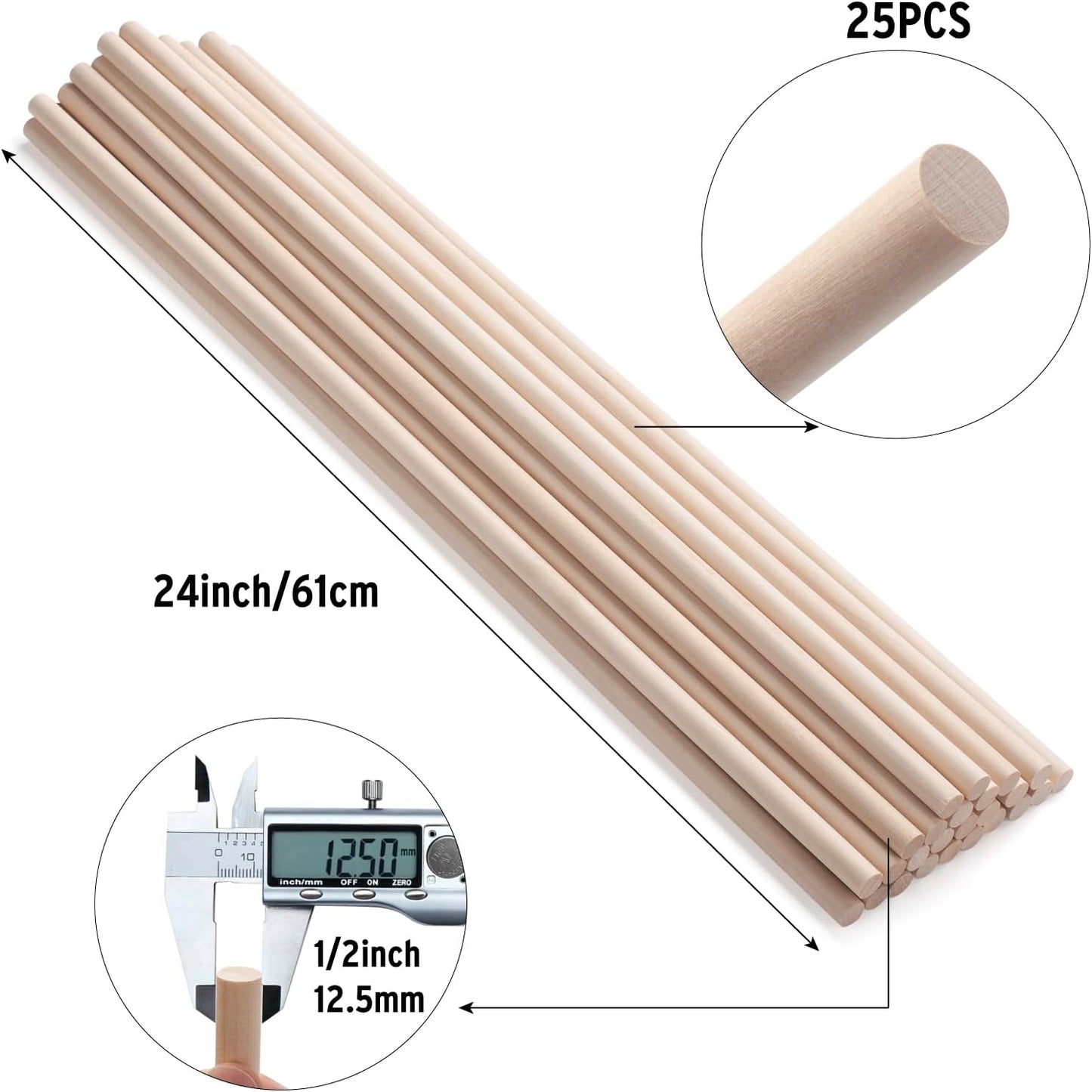 Wood Dowels Wooden Dowel Rods for Crafts, 25PCS 1/2 x 24 Round Macrame Wooden Sticks for Crafting, Unfinished Hardwood Sticks for Arts and DIYers, Tiered Cake Support and Wedding Ribbon Wands