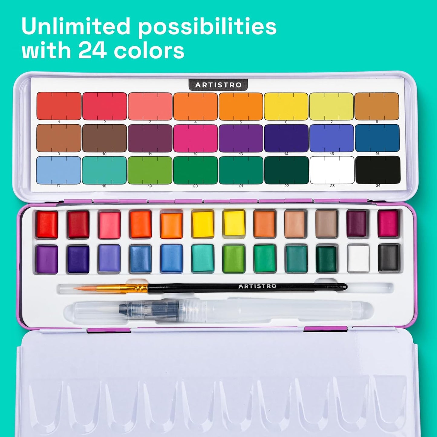 ARTISTRO Watercolor Paint Set 24 Colors, Travel Watercolor Set in Portable Box, Mini Water Colors Paint for Artists, Beginners, Amateur Hobbyists