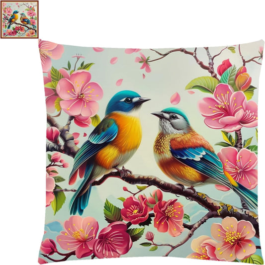 Stamped Cross Stitch Kits for Adults Beginners Pillow Needlepoint Kit with Embroidery Pattern Needlework Kit Prestamped Stitches Kit 11CT Cross Stitching-Peach Blossom Bird 18x18 inch