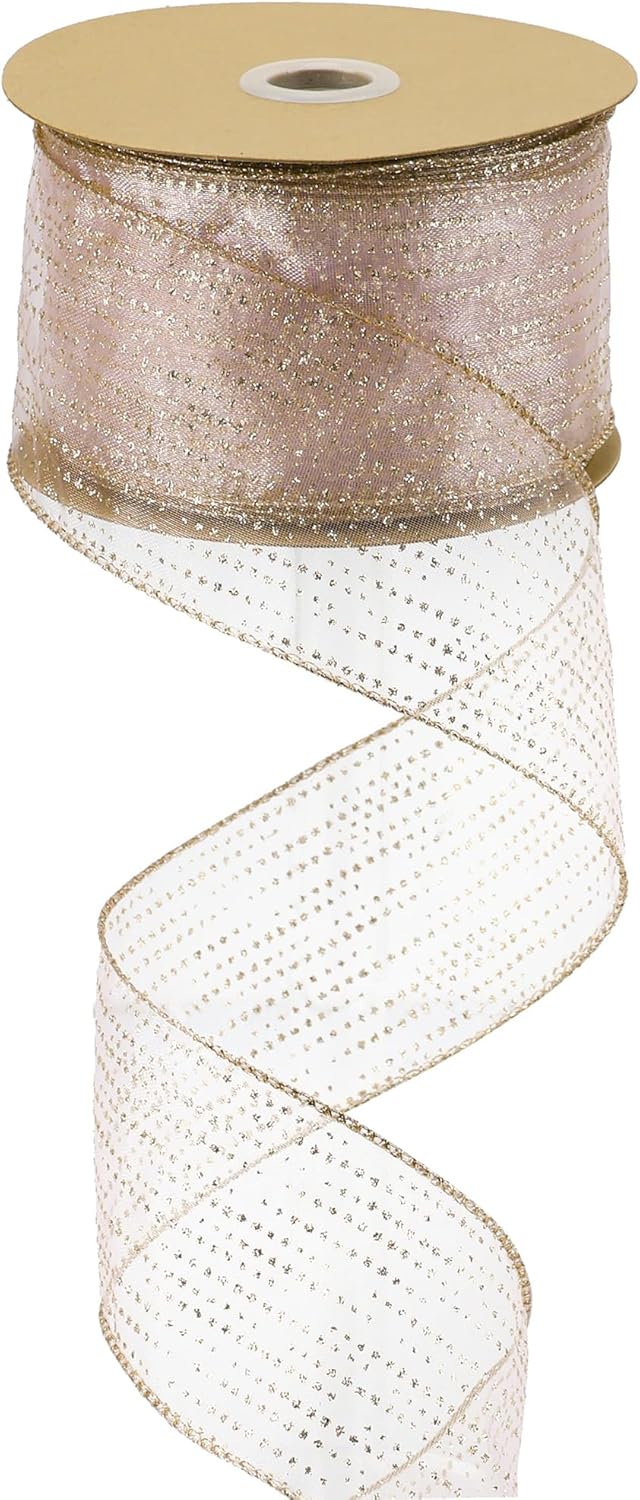 MEEDEE Rose Gold Sheer Glitter Wired Ribbon 2.5 Inch Horizontal Stripes Polka Dot Christmas Ribbon Organza Sheer Glitter 25 Yards for Christmas Tree, Wreath, Bow Making