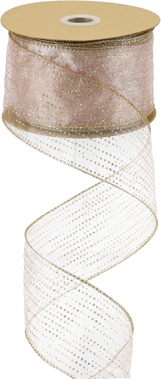 MEEDEE Rose Gold Sheer Glitter Wired Ribbon 2.5 Inch Horizontal Stripes Polka Dot Christmas Ribbon Organza Sheer Glitter 25 Yards for Christmas Tree, Wreath, Bow Making