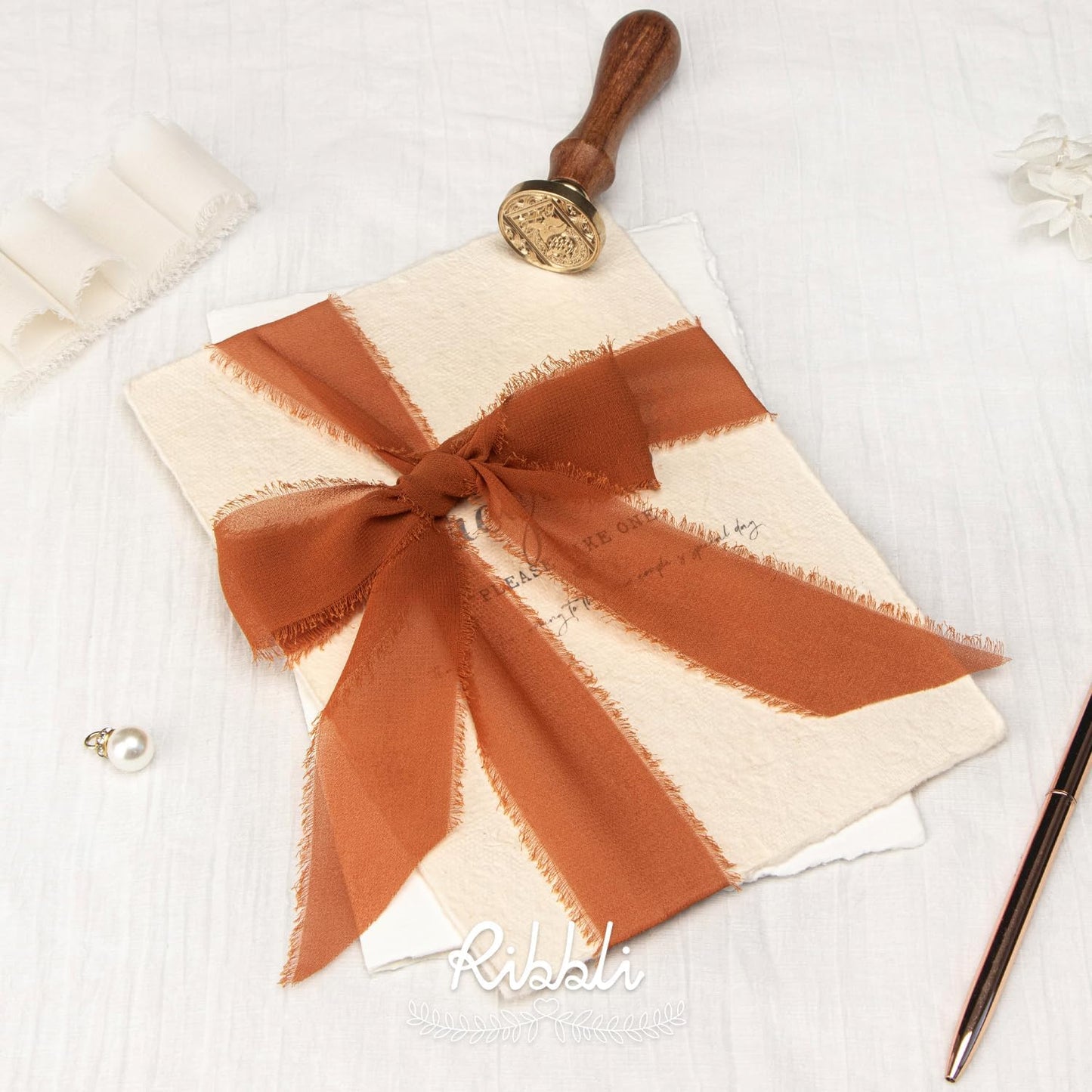 Ribbli Terracotta Chiffon Ribbon 1-1/2 inch x 20 Yard Handmade Fringe Chiffon Silk Ribbon,Black Ribbon for Wedding Invitations, Bridal Bouquets Wrapping, Flower Arrangement Decoration