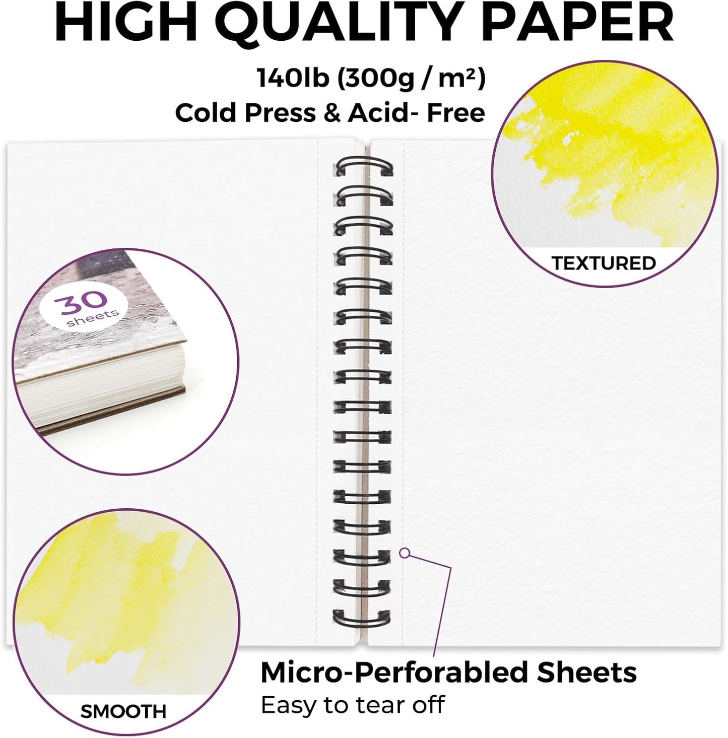 Funto Watercolor Pad 5.5x8.5, 30 Sheets, 140lb/300gsm, Double-Sided Cold Press, Spiral Bound, Heavyweight Paper for Watercolor Painting