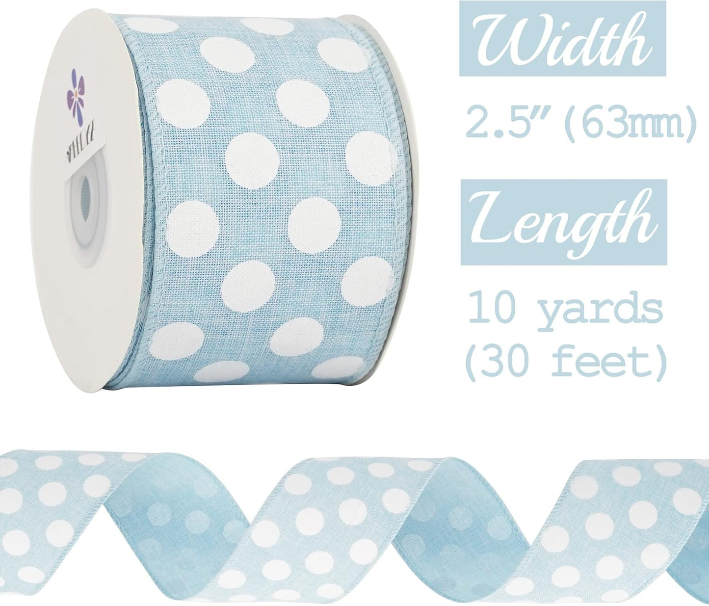 MEEDEE Blue Burlap Ribbon 2.5 Inch with White Polka Dot Blue White Wired Ribbon for Baby Boy Wreaths and Showers, 10 Yards