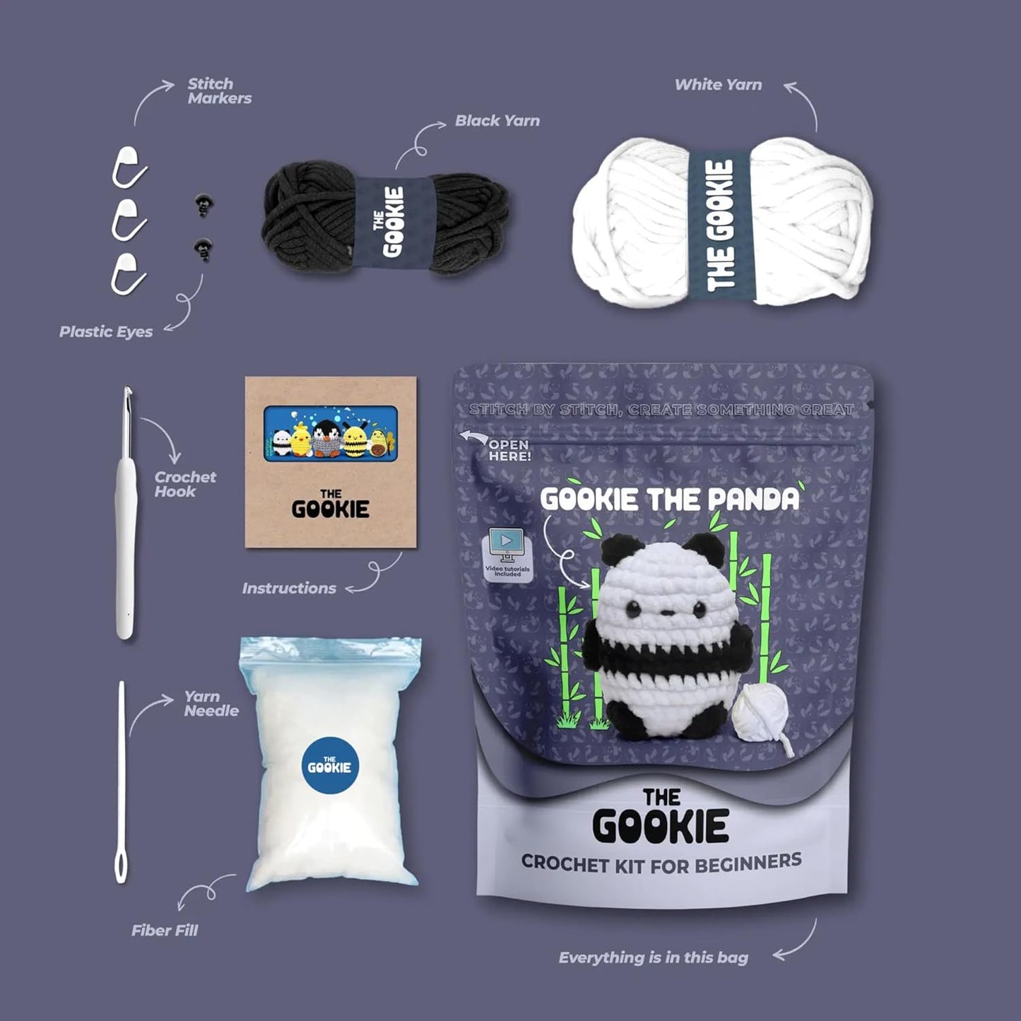 THE GOOKIE Amigurumi Crochet Kit for Beginners – DIY Crochet Kit with Yarn, Hook, Eyes & Stuffing – Easy Starter Set with Video Tutorials – Cute Plush Toy Craft Gift for Kids, Teens & Adults (Panda)