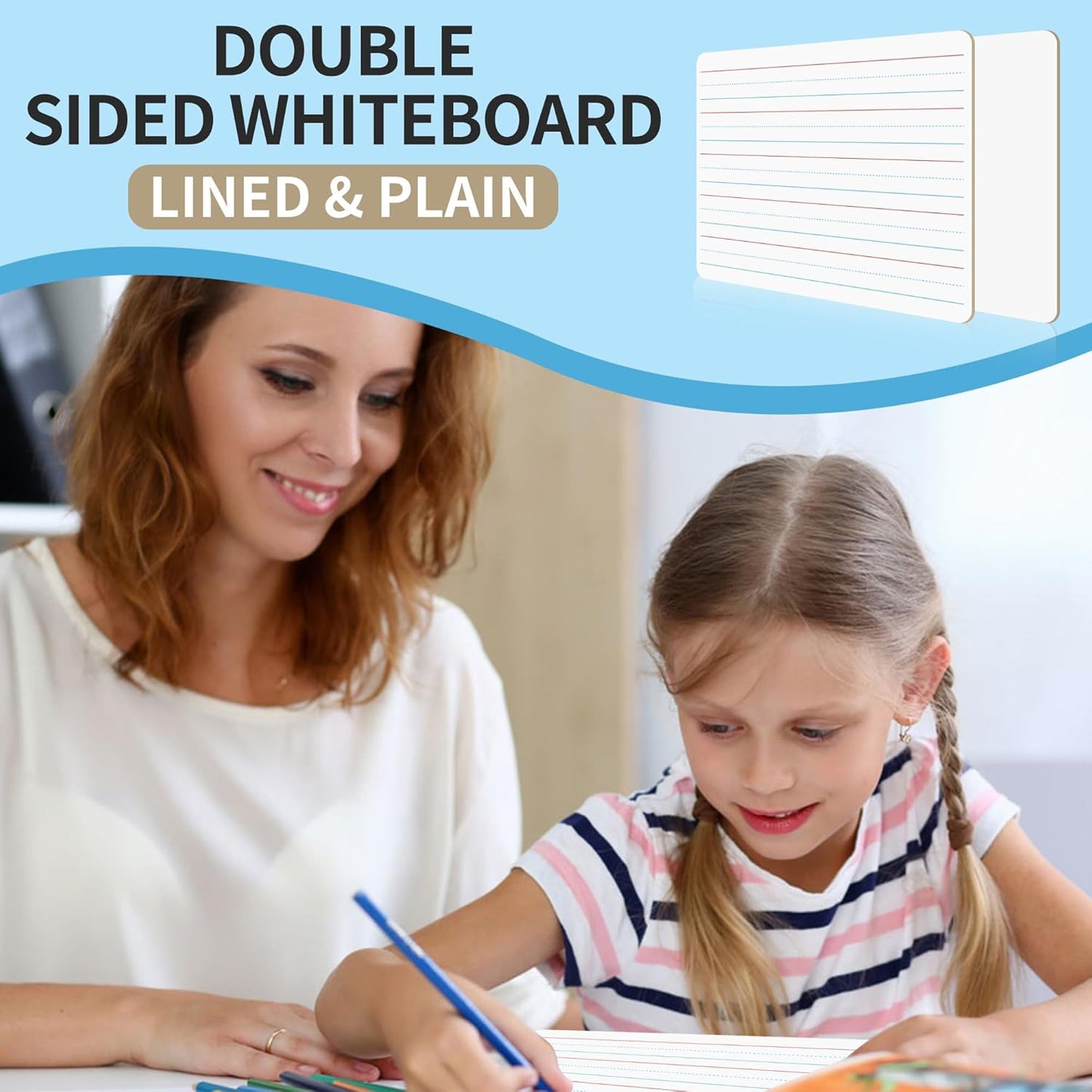 6pack Dry Erase Board 9"x12" with Lines and Blank Surface Learning,Math,Writing - Student,Teacher & Homeschool Supplies Mini Whiteboard Erasers Included Colors pens