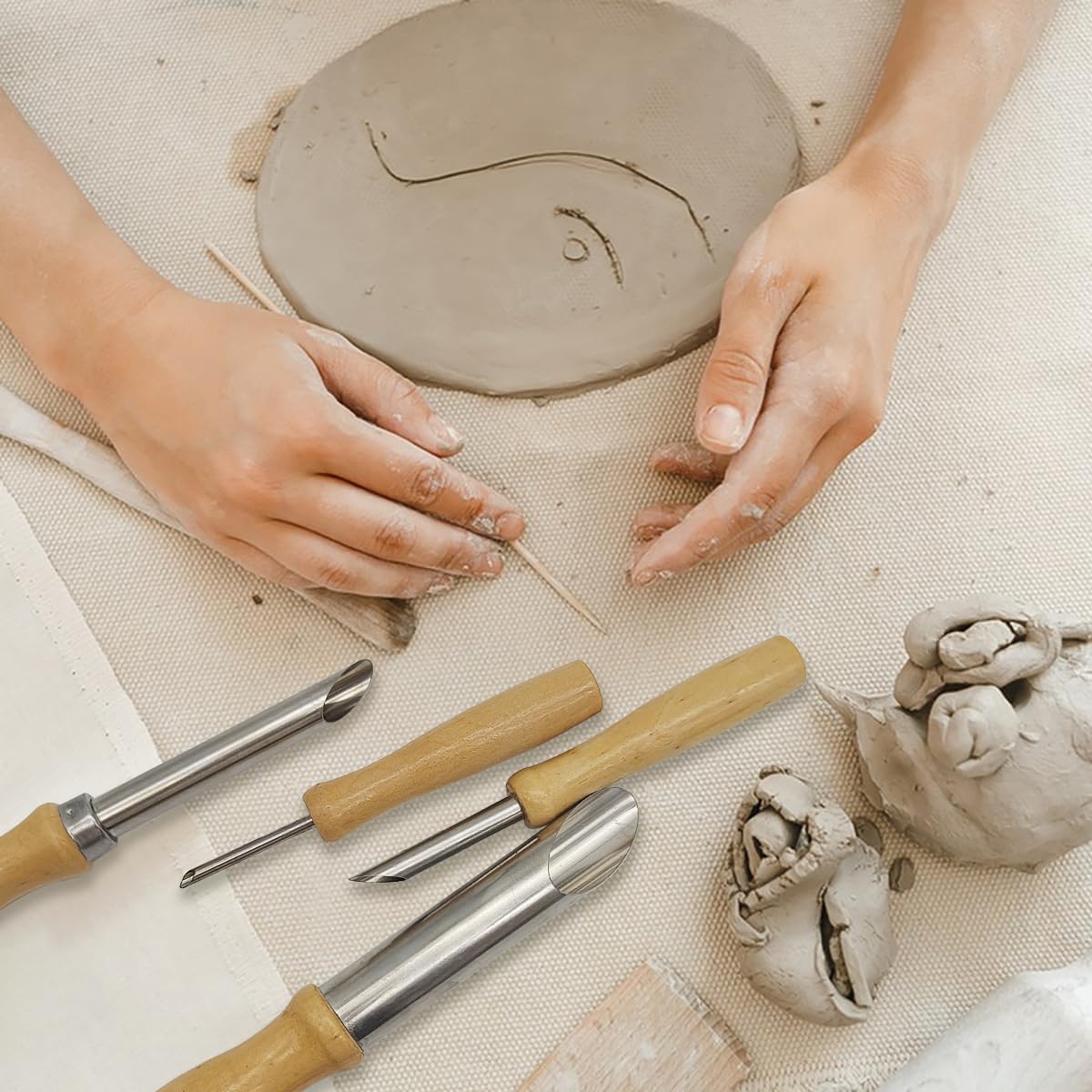 3 Sizes Rubber Pottery Clay Ribs + 3 Pcs Sculpture Pottery Molding Scraper Cutter + 4 Pcs Stainless Steel Circular Clay Hole Cutters + 1 Clay Ceramic Needle + 1 Feather Wire Texture Detail Tools