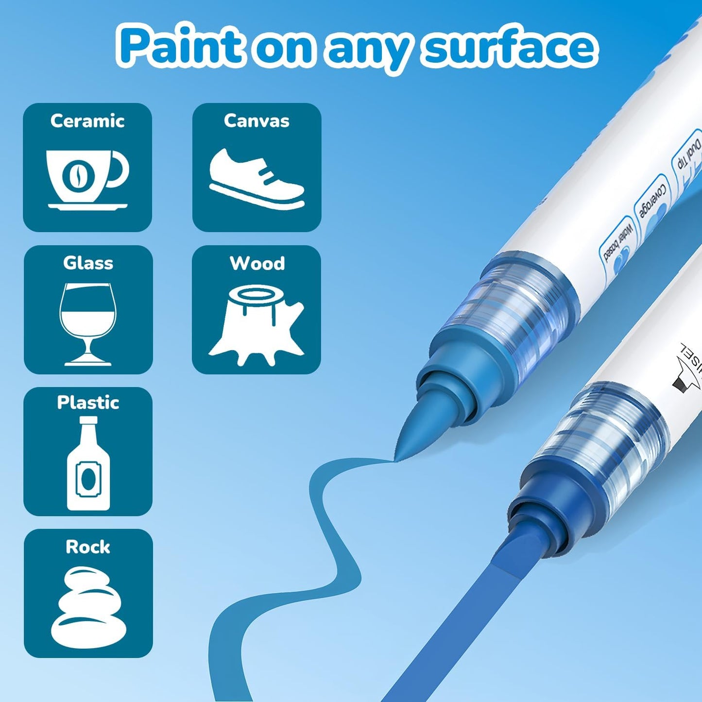 Guangna 12 Blue Dual Tip Acrylic Paint Markers, Brush Tip & Chisel Tip Acrylic Paint Pens for Rock, Wood, Glass, Paper, Coloring Book, Ceramic, Canvas, Water-Based Ink