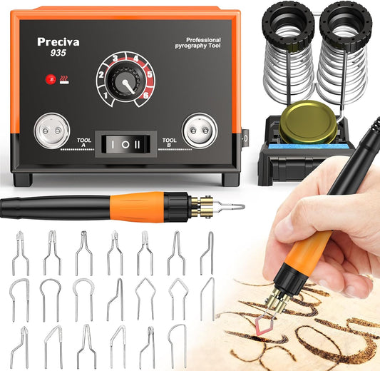 Preciva 935 Dual Handle Wood Burning Kit - Professional Pyrography Tool with 20 Wire Nibs & Pen Holder | Adjustable Temp 482~1382℉ | for Wood Burning, Leather Craft, Art Designs