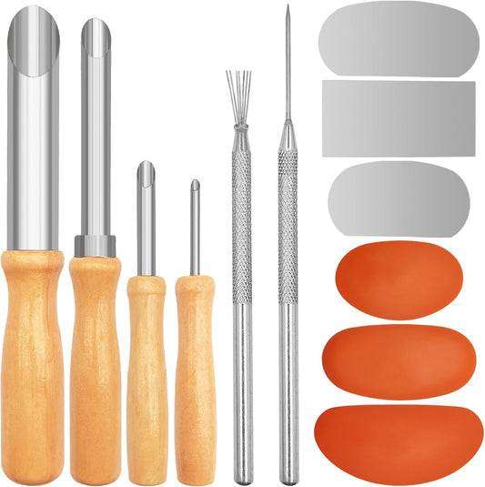 3 Sizes Rubber Pottery Clay Ribs + 3 Pcs Sculpture Pottery Molding Scraper Cutter + 4 Pcs Stainless Steel Circular Clay Hole Cutters + 1 Clay Ceramic Needle + 1 Feather Wire Texture Detail Tools
