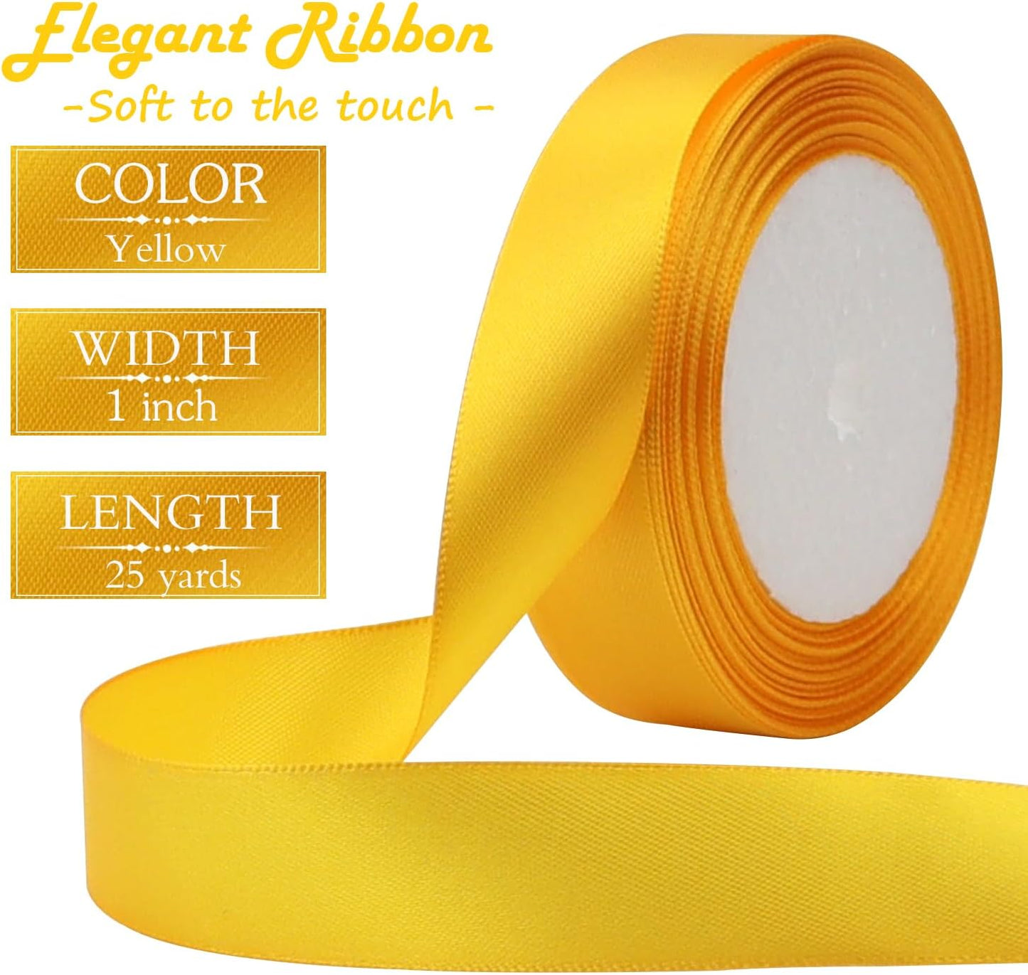 Yellow Solid Satin Ribbon 1 Inch 25 Yards Solid Polyester Fabric Ribbon for Gift Wrapping Wedding Christmas Baby Shower Birthday Party Decoration Handmade Immortal Flower Craft