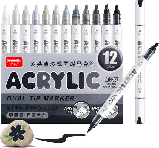 Kander 12 Colors Dual Tip Acrylic Paint Markers, Gray and Black Color — Extra Fine & Soft Brush Pen Set with Direct Ink Flow for Sketching, Detailing, Coloring on Wood, Canvas, Rock, Glass, DIY Crafts