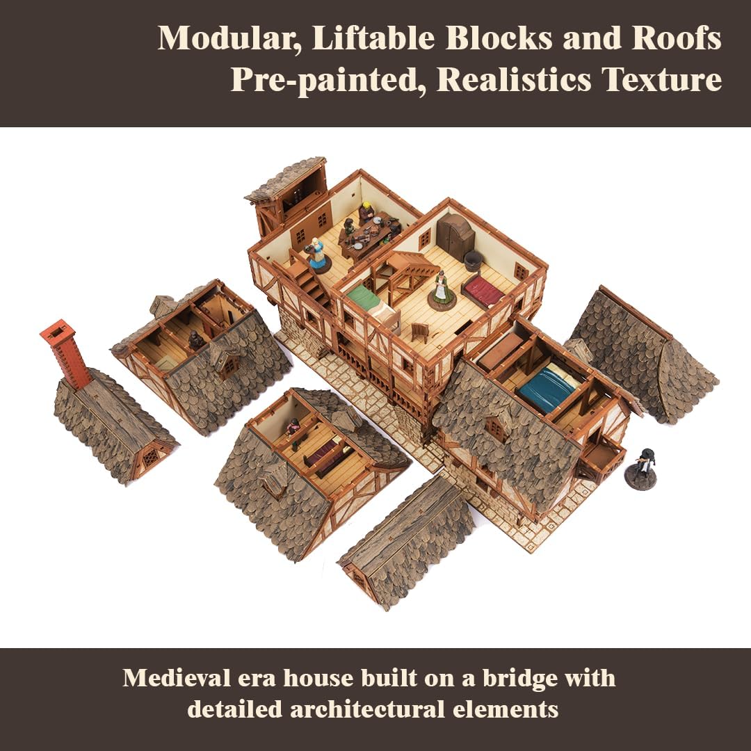 Fawlty Manor (Pro Texture) - Bridge Dwelling - Medieval Tavern - Medieval Europe Series - 3D Puzzle - Architectural Model Kit - DIY - 28mm Scale – 465 Pieces – Ages 15 Years and Above