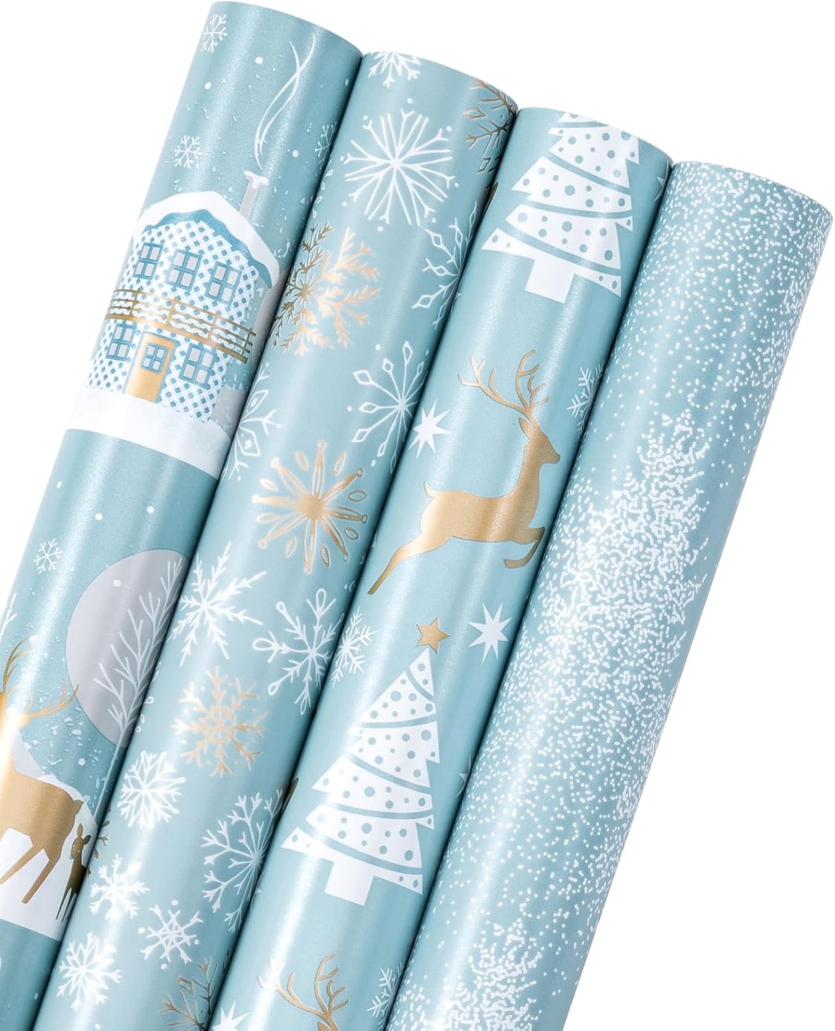 WRAPAHOLIC 30 Inch Christmas Wrapping Paper Roll - Jumbo Roll Blue and Silver Reindeer, Christmas Tree, Snowflake Holiday Design Printed on Pearlized Paper - 4 Rolls - 30 Inch x 120 Inch Per Roll