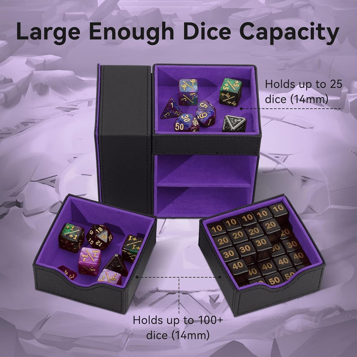 Leather Dice Tray & Tower Storage Box, 3 in 1 Dice Holder Case (Rolling Tray, Tower, Storage Drawers), Magnetic Closure DND Accessories Gifts for RPG MTG, Black/Violet